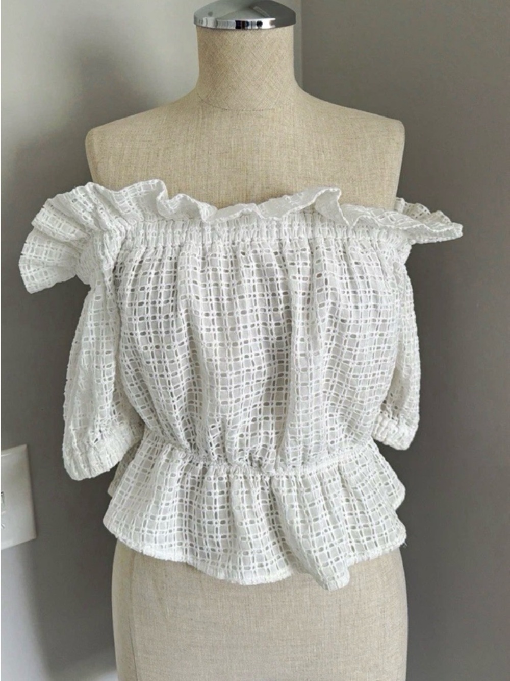 Express White Off-Shoulder Eyelet Crop Top